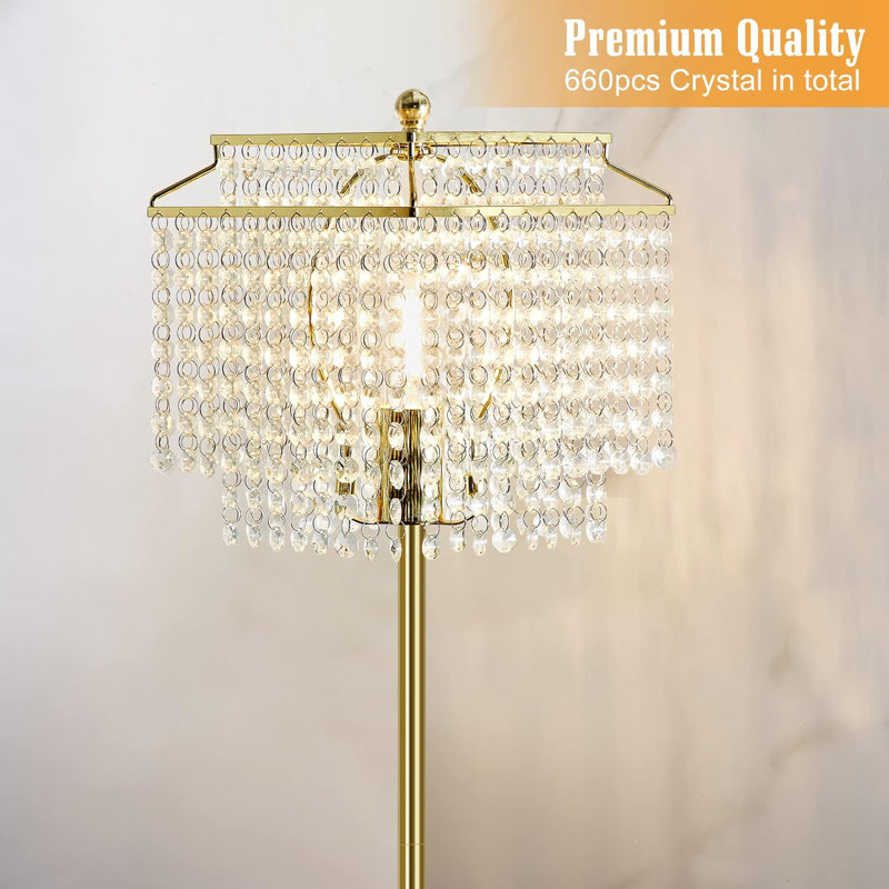 House of Hampton Crystal Floor Lamp Elegant Standing Lamp With On Off Foot Switch Double Layer Lampshade Tall Standing Lamps For Living Room Bedroom Office 8W LED Bulb Included Wayfair